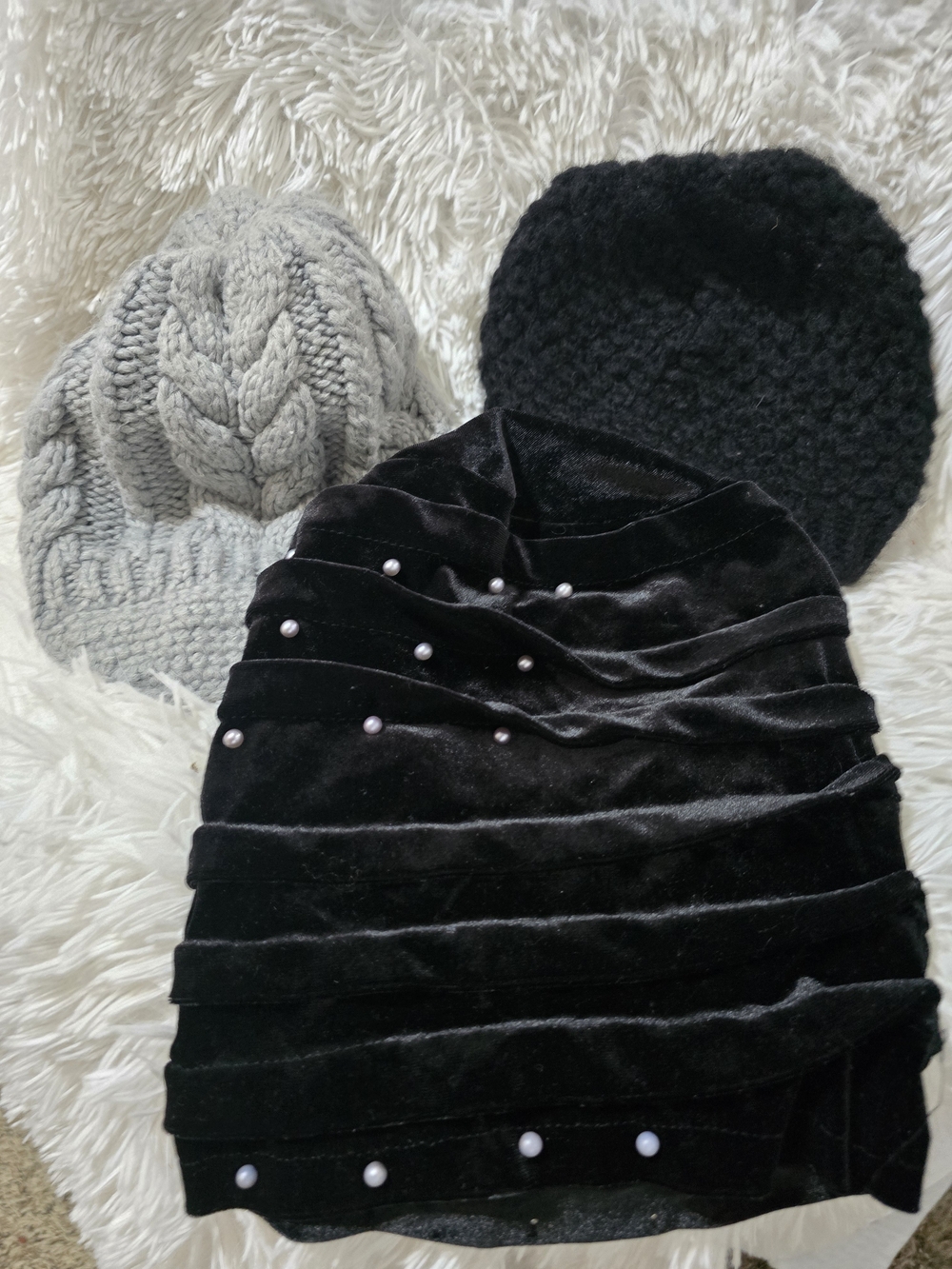 Set Of 3 Black Velvet Pearl-Embellished Turban Hat And More